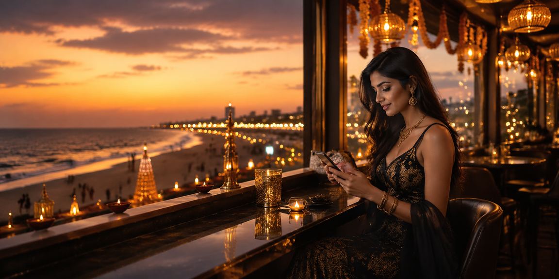 Young woman playing Rummy on mobile in Chennai during festive season